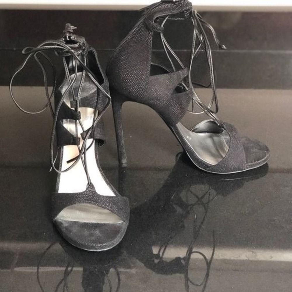 Stuart Weitzman Black Lace Up Stiletto Sandals Caged Ankle Tie Heels 8.5M